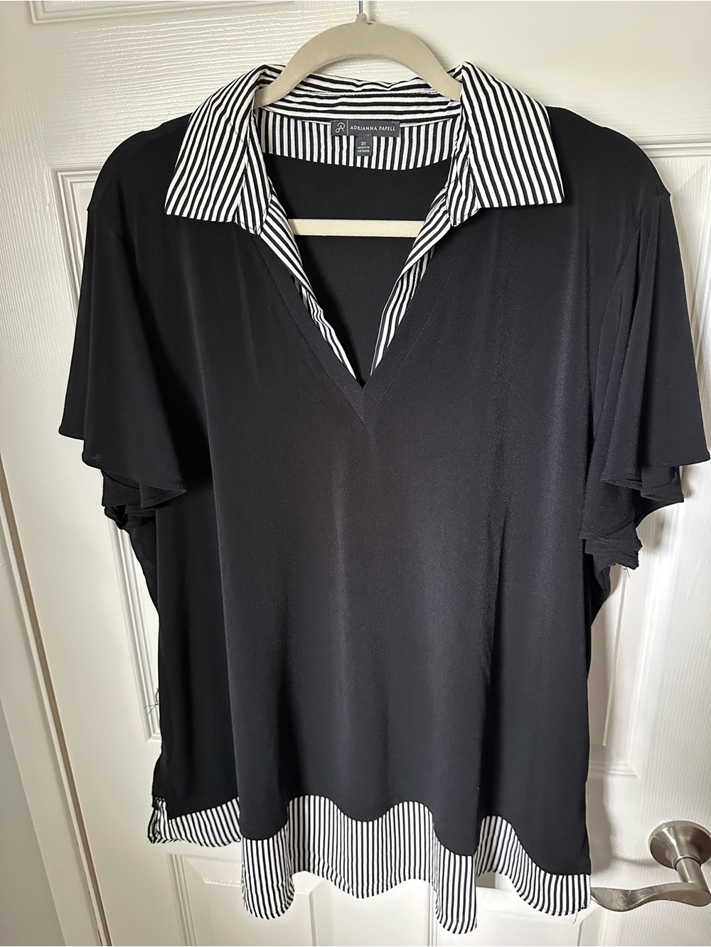 Adrianna Papell Black Layered V-Neck Top with Black-and-White Striped Trim